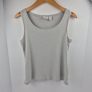 Chicos Ribbed Tank Top Silver Metallic Knit Scoop Neck Sleeveless Size 2 Travel